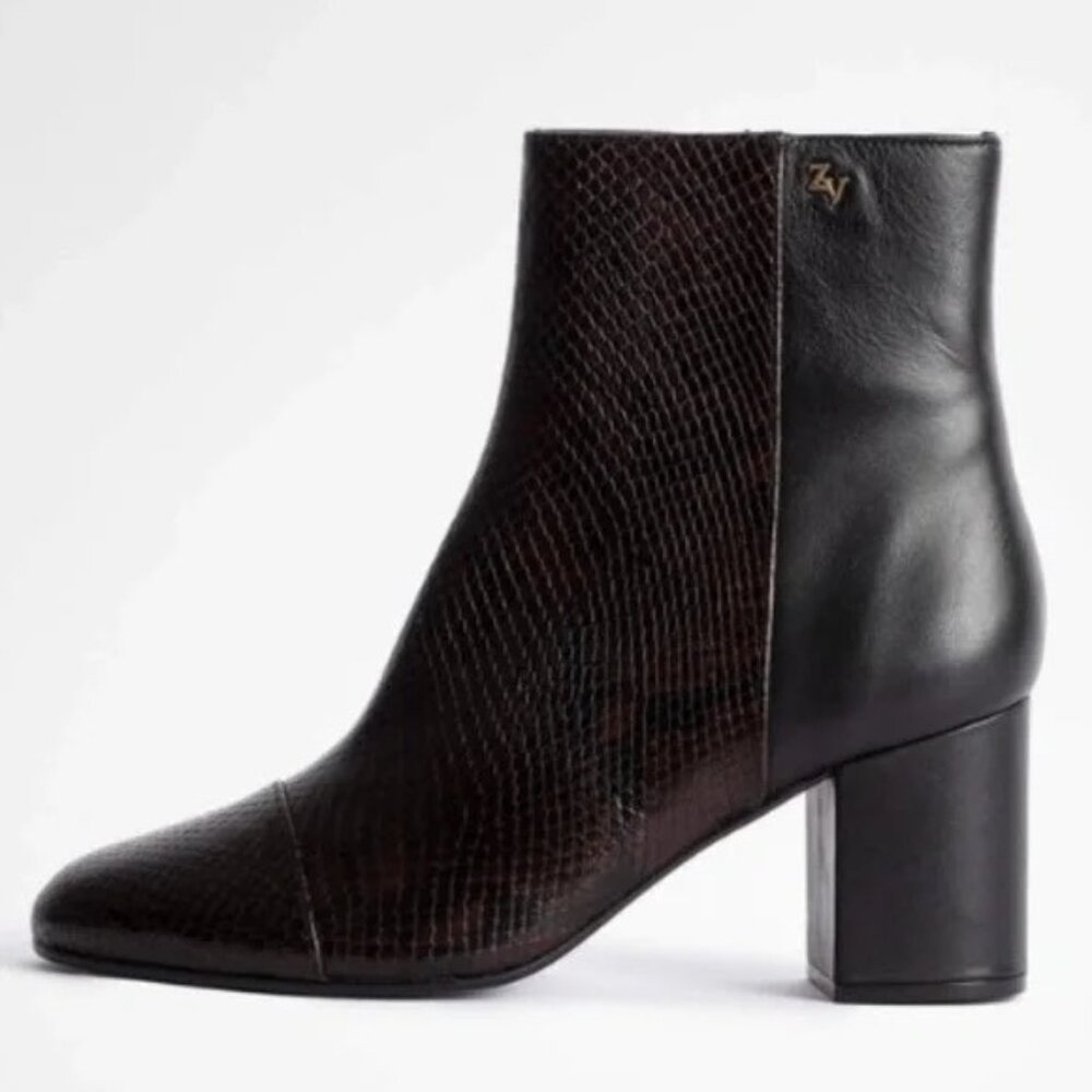 NEW Zadig & Voltaire BROWN Lena Snake Embossed Bootie SIZE 37